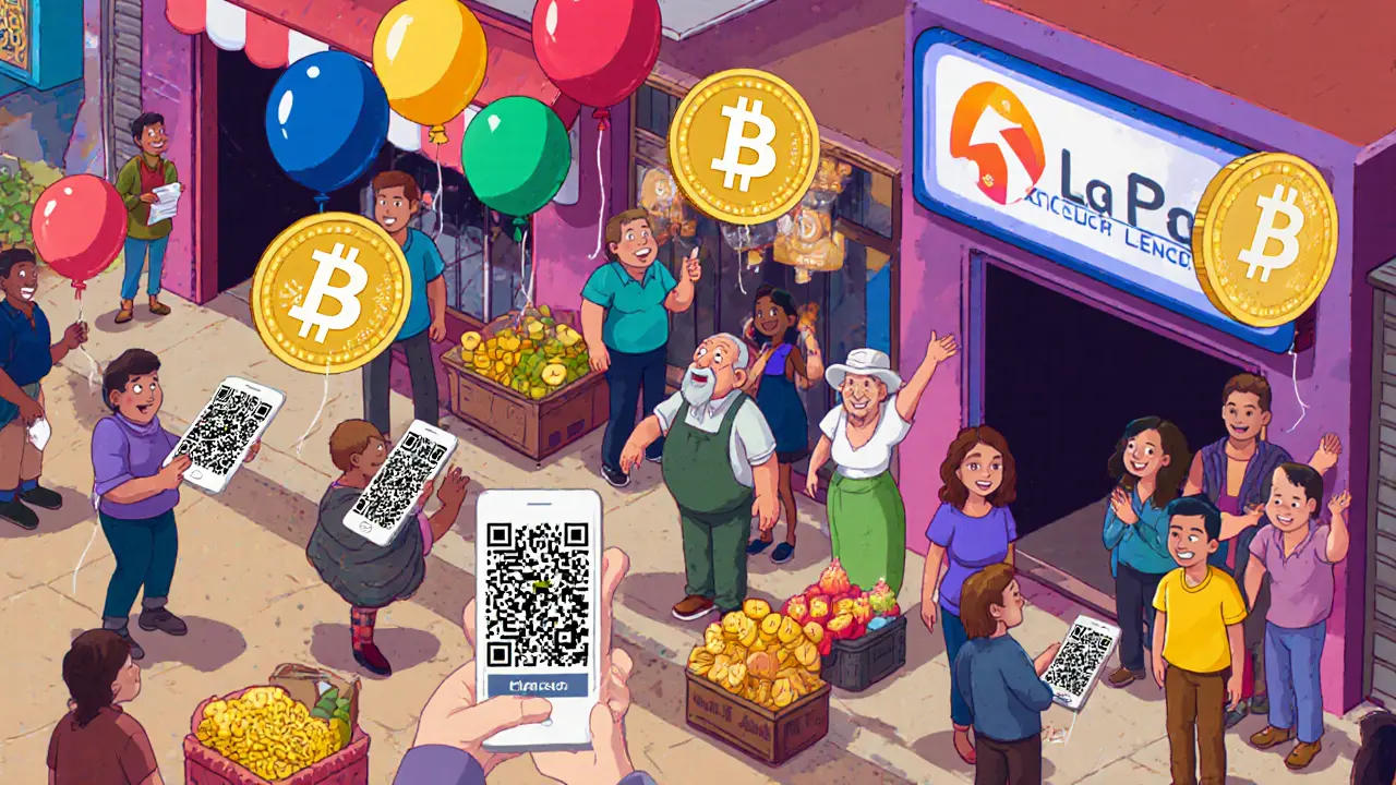 Vibrant street vendors in La Paz accepting crypto payments via QR codes, with stablecoin icons floating in the air.