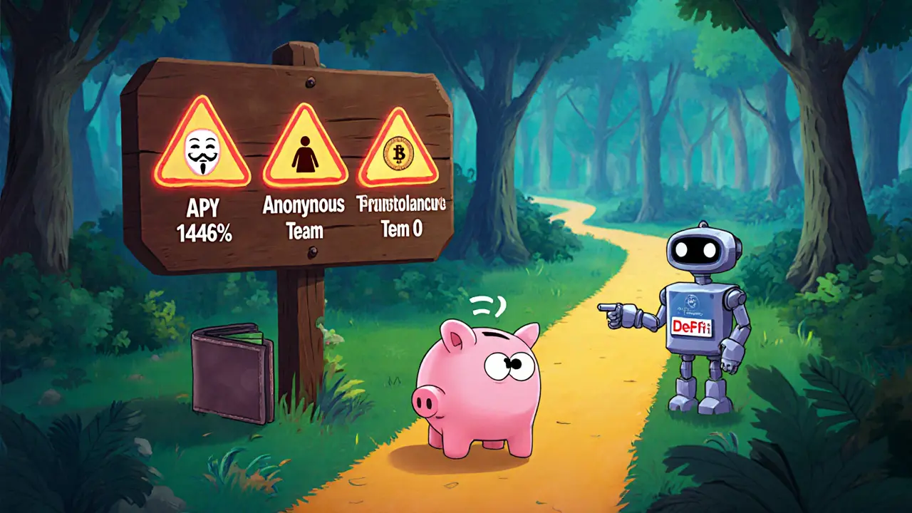 Warning signpost in a digital forest guiding away from dead tokens toward active DeFi projects.