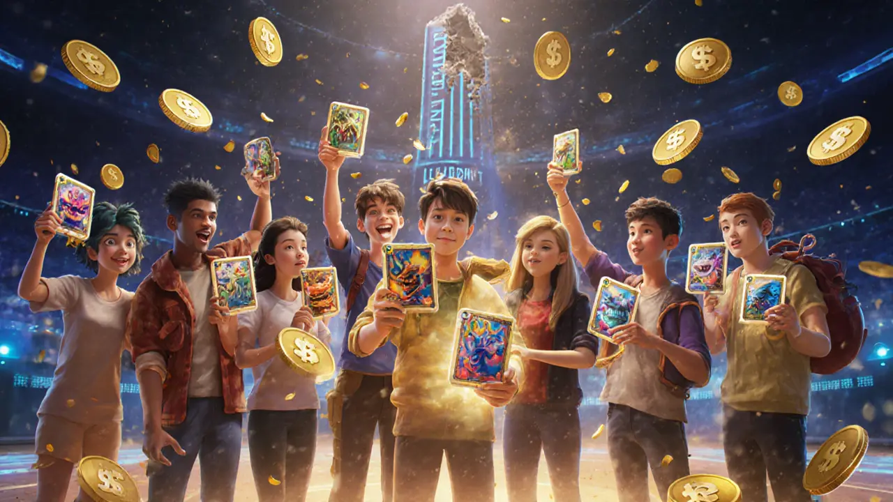 Young players celebrating a game win as tokens rain down, with a crumbling &#039;Liquidity&#039; tower in the background.