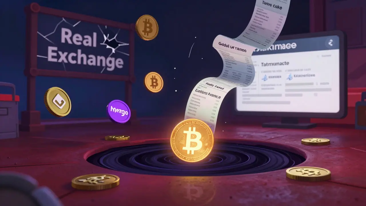 A Bitcoin coin being sucked into a dark vortex with fake fees and privacy coins swirling around.