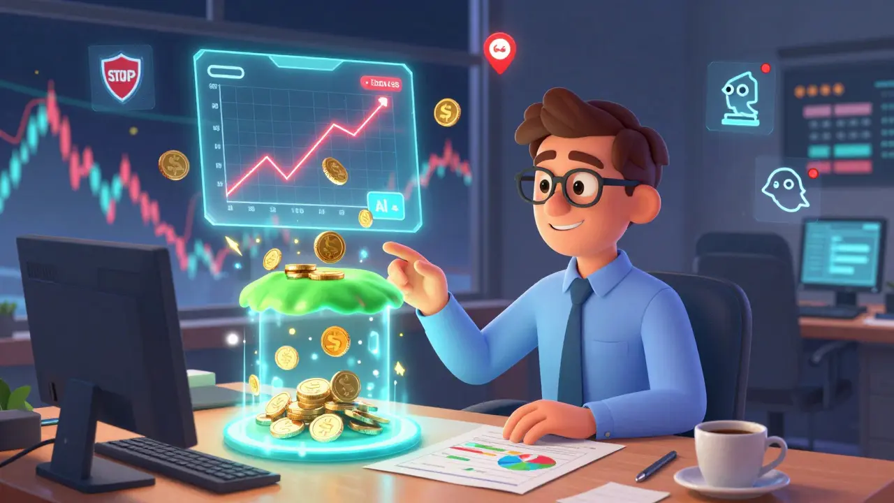 A calm trader adding extra collateral with a glowing safety buffer, while AI birds warn of market crashes.