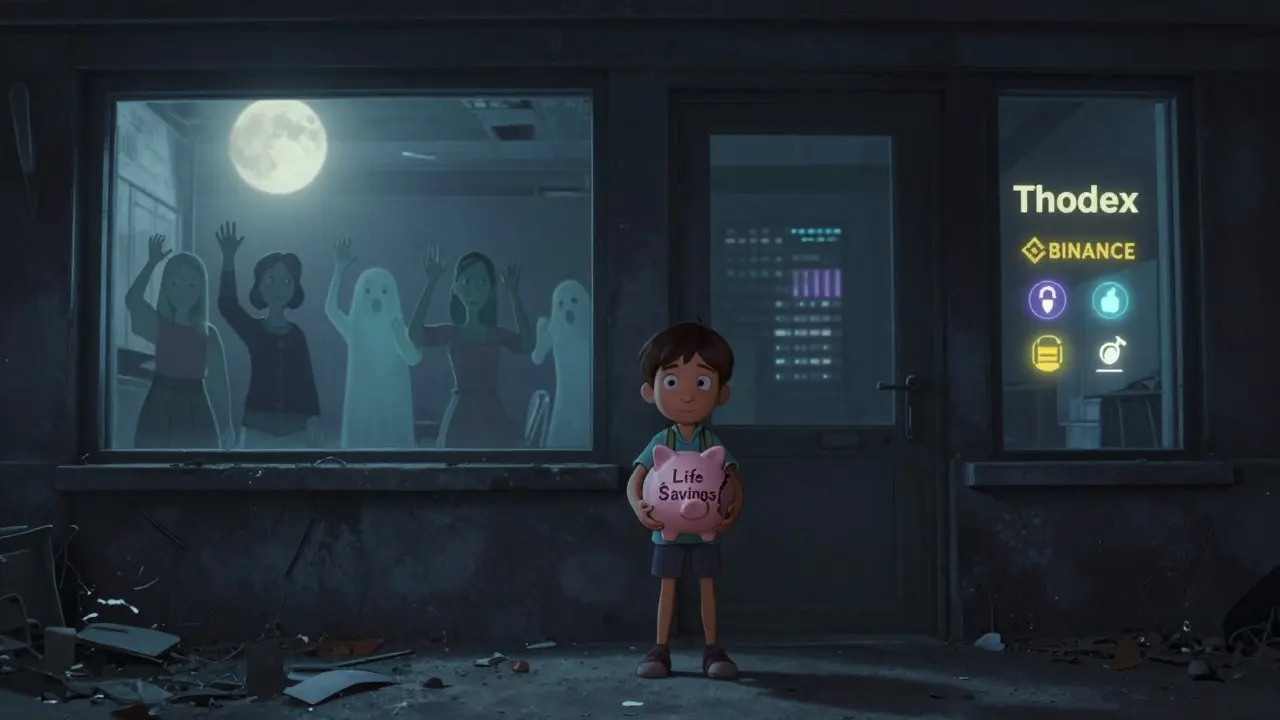 A child holds a broken piggy bank outside a dark Thodex building, ghostly adults wave helplessly in the window.