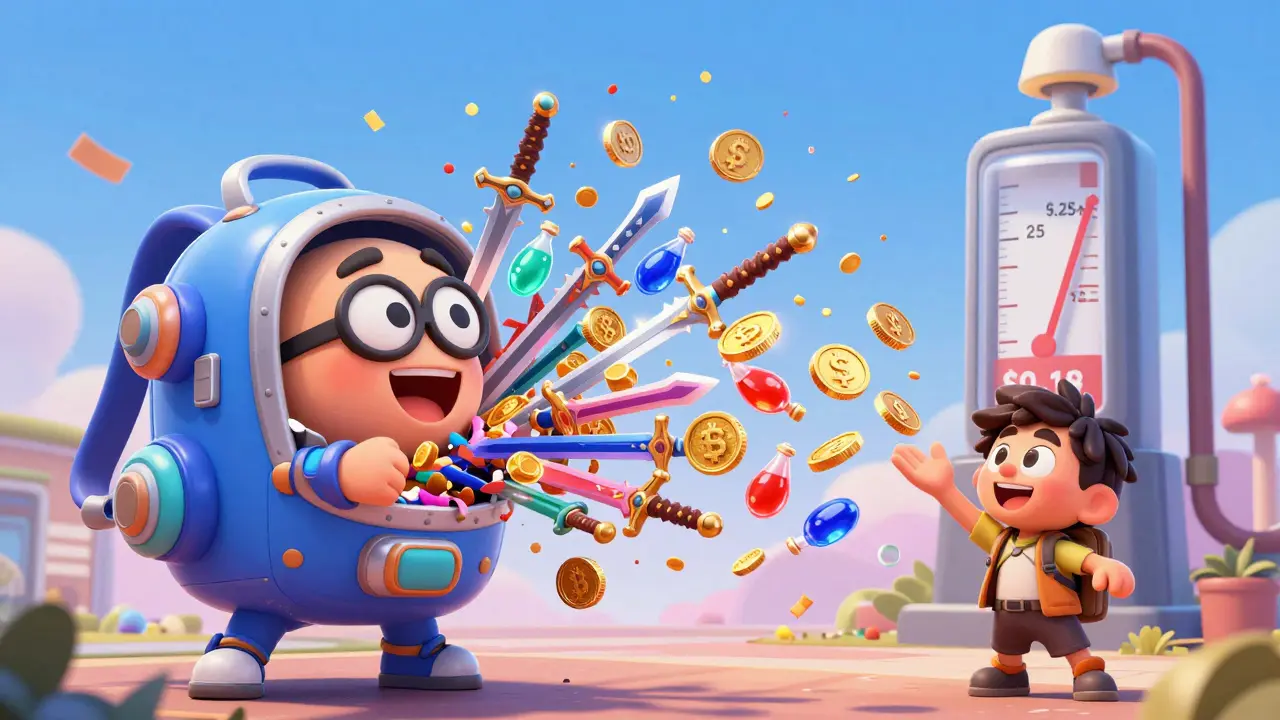 A colorful token releases hundreds of game items in one burst, with gas costs dropping dramatically.