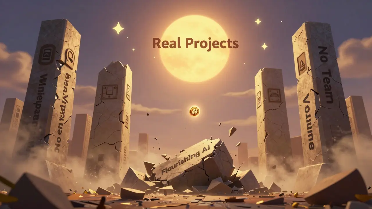 A crumbling AI monument turning to dust as a single token rises toward light.