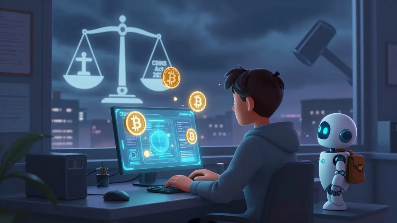 A developer in a glowing loft building crypto tools while government threats loom in the distance.