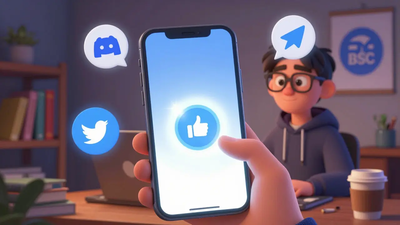 A developer smiles as QBT tokens appear automatically on their phone screen, surrounded by community icons.