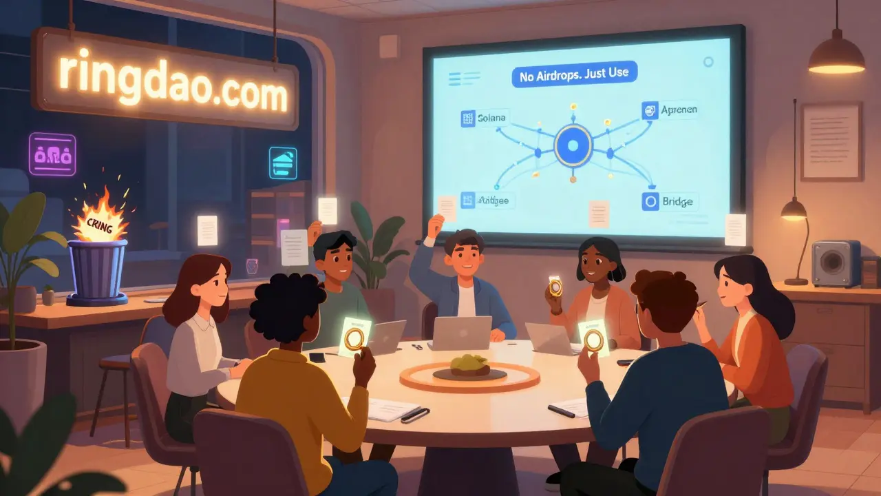 A diverse group votes on a blockchain roadmap, with RING tokens and a glowing ringdao.com sign in the background.