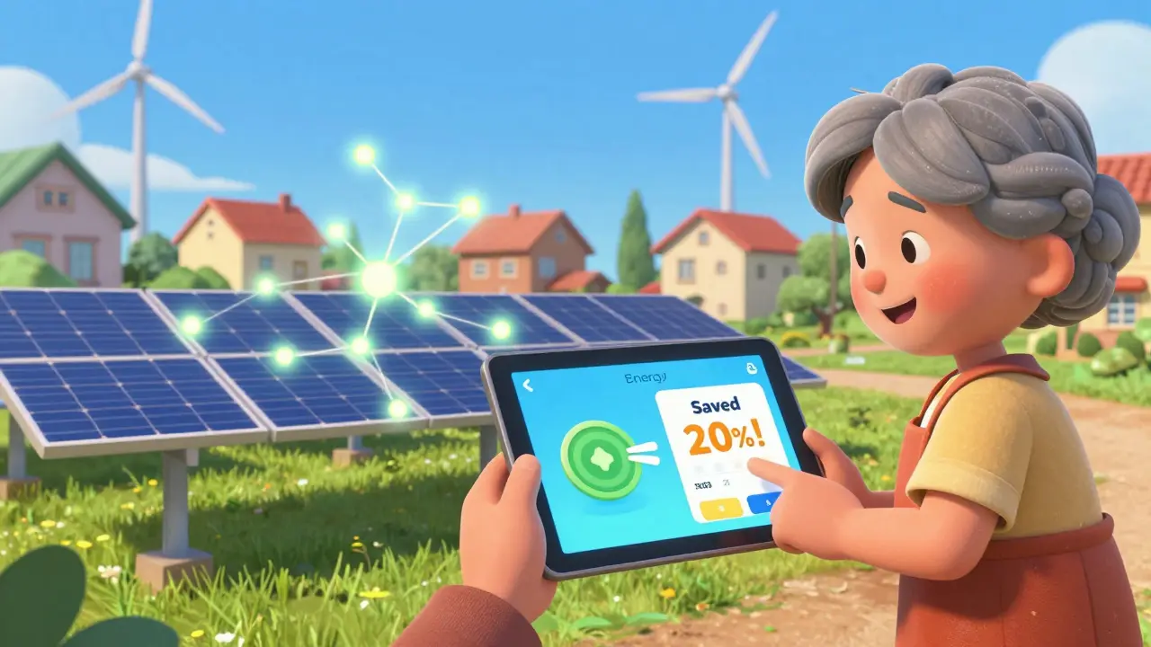 A family uses a tablet app to buy energy from a local solar farm, with digital tokens and a microgrid glowing softly around them.