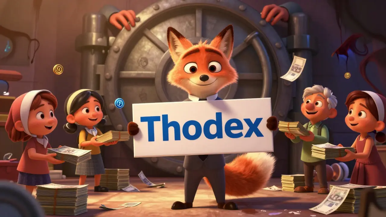 A fox in a suit tricks families into handing over money that turns into digital tokens, shadows steal behind.