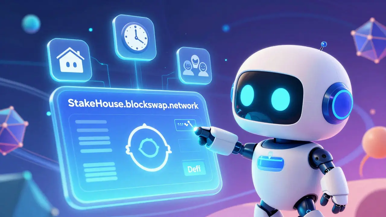 A friendly robot wallet connecting to a glowing StakeHouse dashboard with referral and DeFi icons floating nearby.