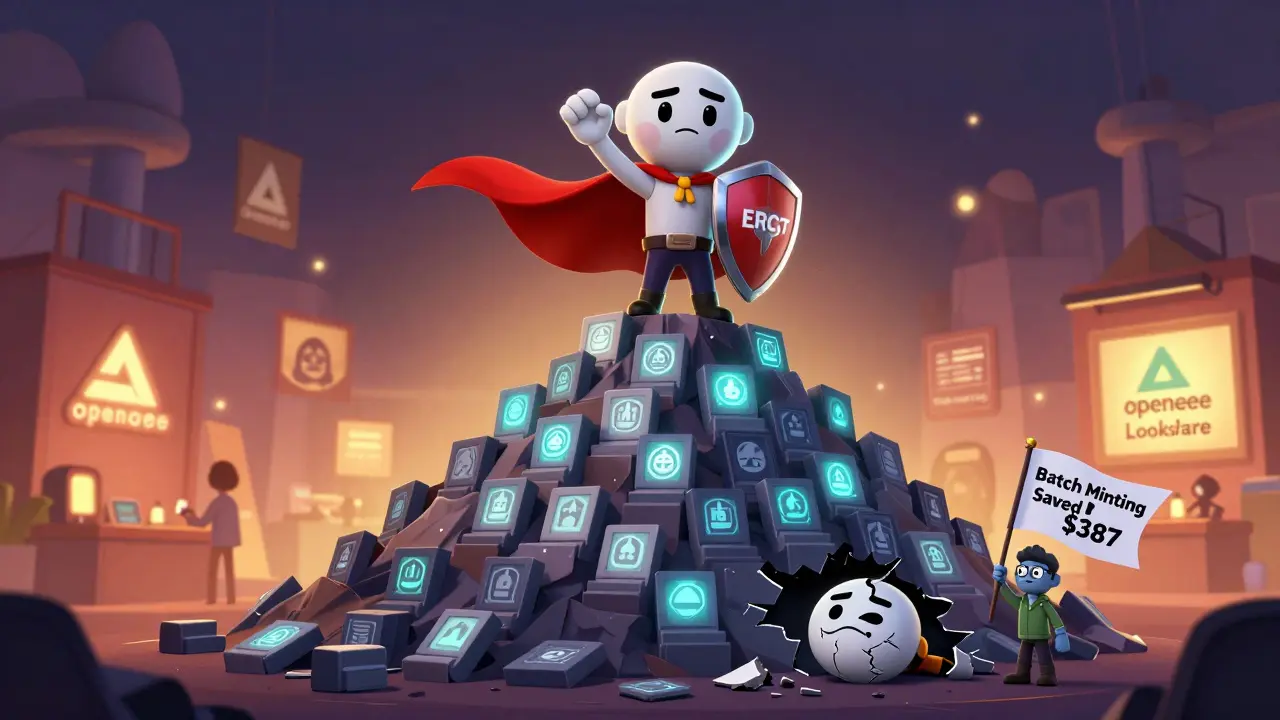 A heroic upgraded NFT stands atop a mountain of minted tokens, saving thousands in fees.