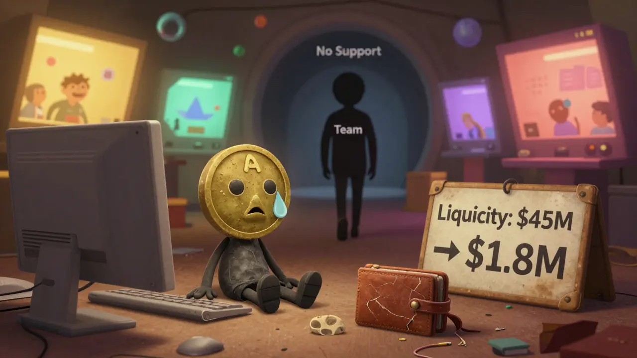 A lonely PARA token crying on a dusty desk as the team walks away, with faded liquidity numbers.