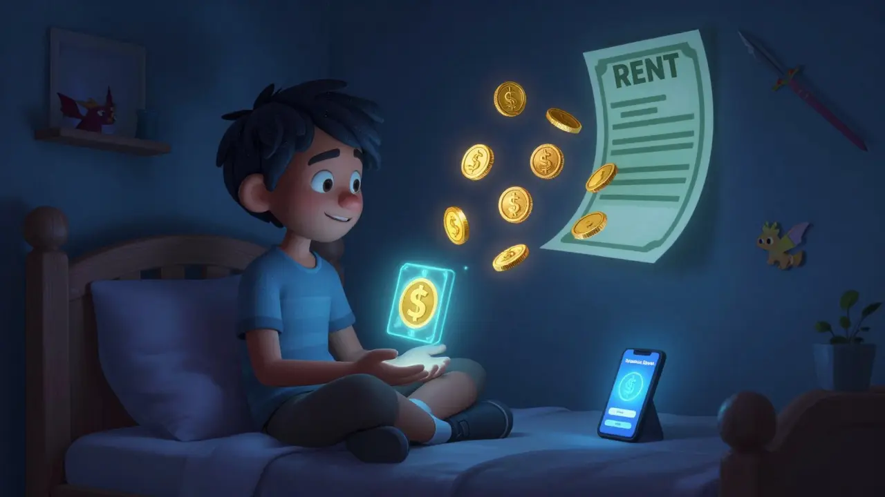A player in the Philippines watches $RAIN tokens turn into coins that erase a rent bill.