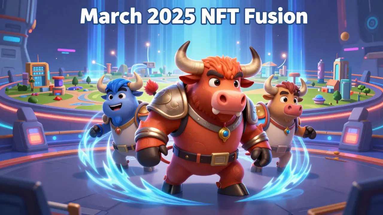 A Polqueen NFT fused with a Bull NFT, releasing energy waves as virtual land unlocks.