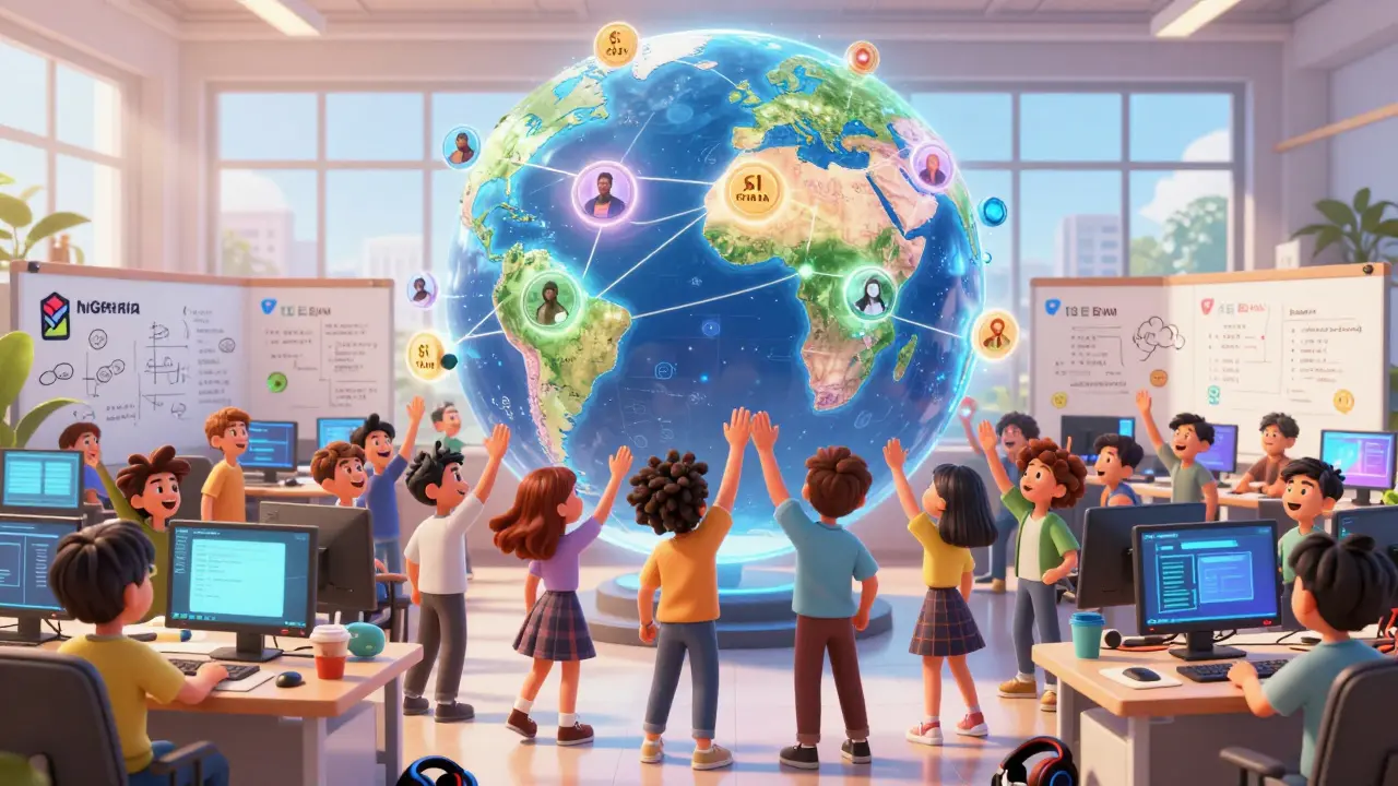 A small team of developers in Austin celebrate as a globe connects global players with $RAIN tokens.