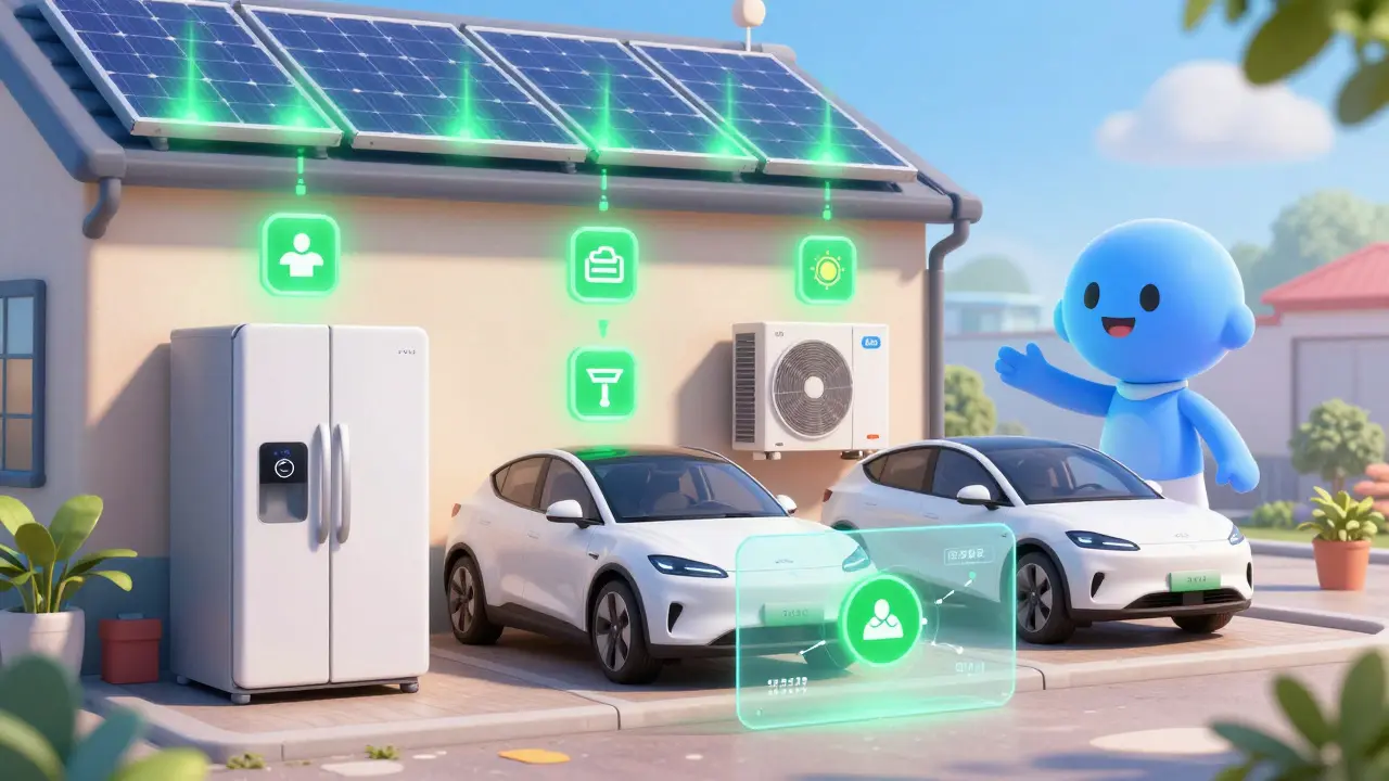 A smart home's appliances automatically balance energy use with solar power, guided by a friendly AI avatar and glowing blockchain icons.