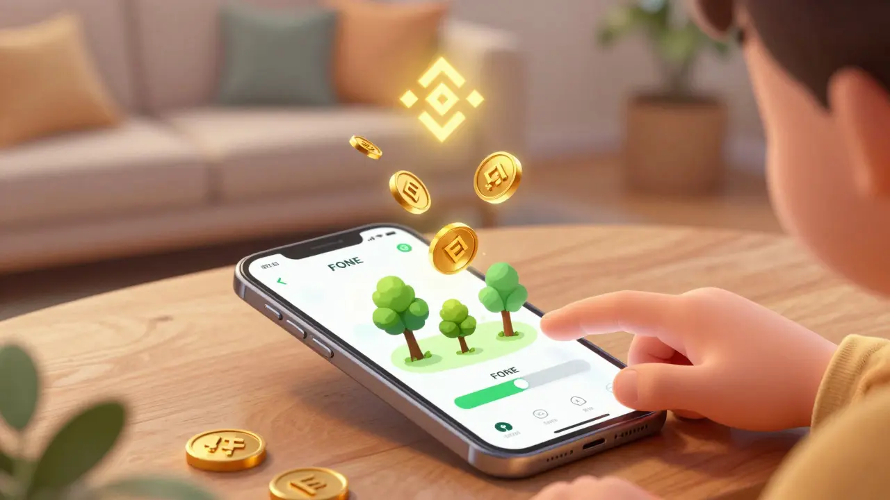 A smartphone screen showing walking steps turning into trees, with FONE tokens rising toward a BNB blockchain symbol.