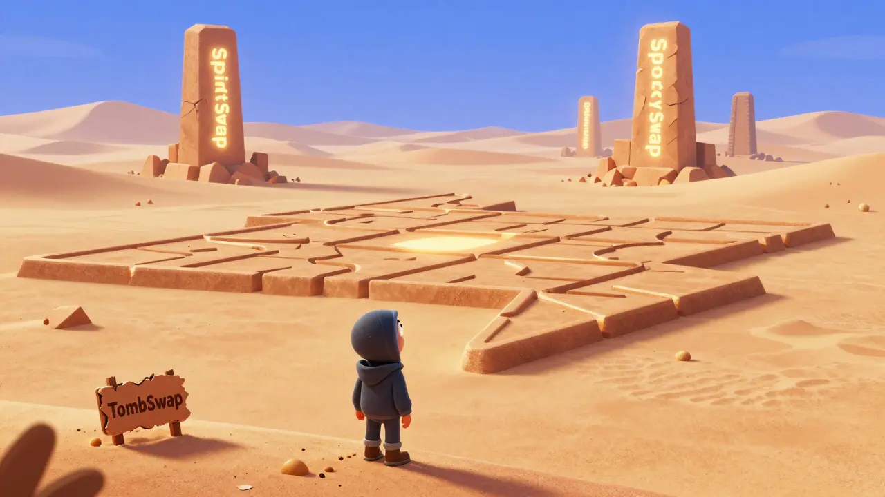 A trader standing before a desert of failed crypto projects, with TombSwap buried in sand.