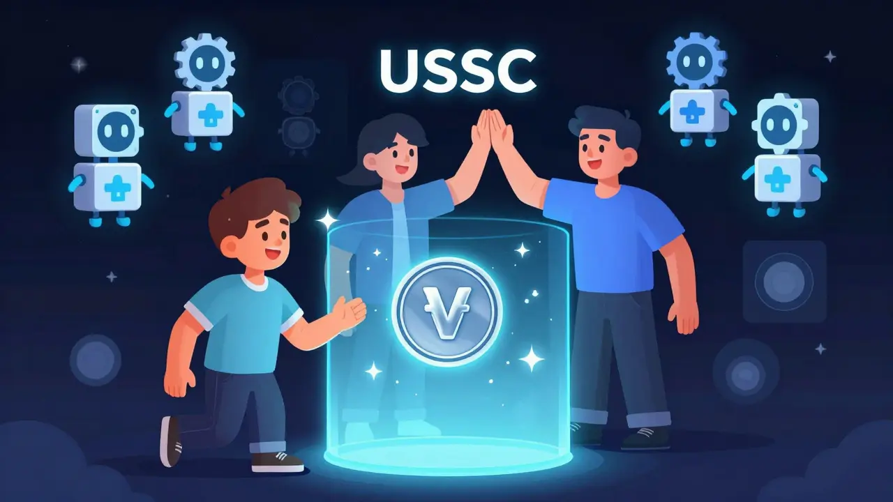 A user happily exchanging USDC for WETH through a magical zero-gas trade portal with solver bots nearby.