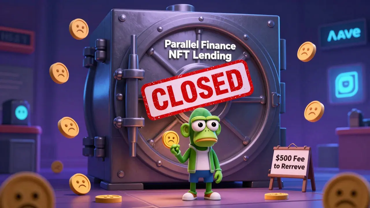 A user watching their NFT locked in a closed vault with a 0 fee sign, surrounded by sad tokens.
