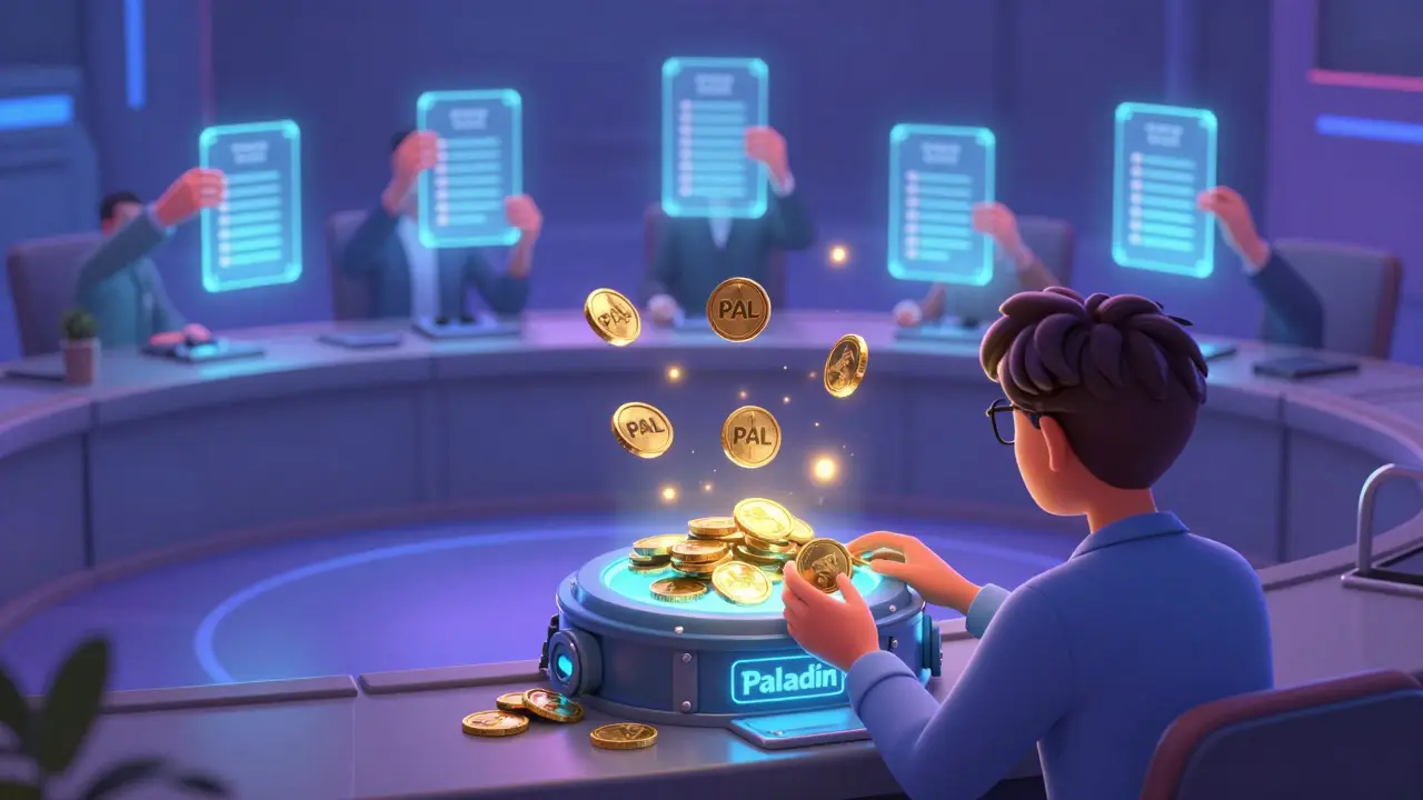 A user withdrawing tokens from a smart contract while PAL tokens glow around them in a futuristic DAO chamber.
