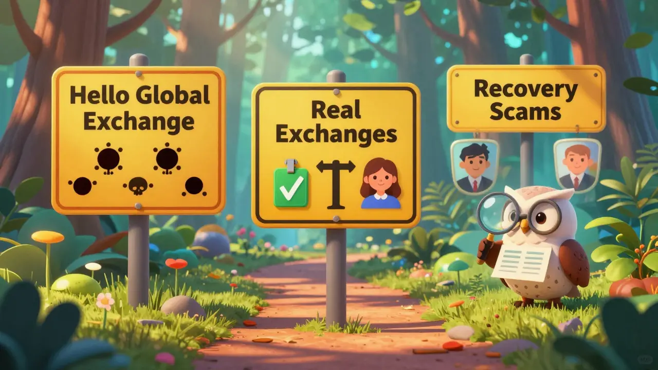 A warning signpost in a digital forest showing safe vs. scam crypto exchange paths.
