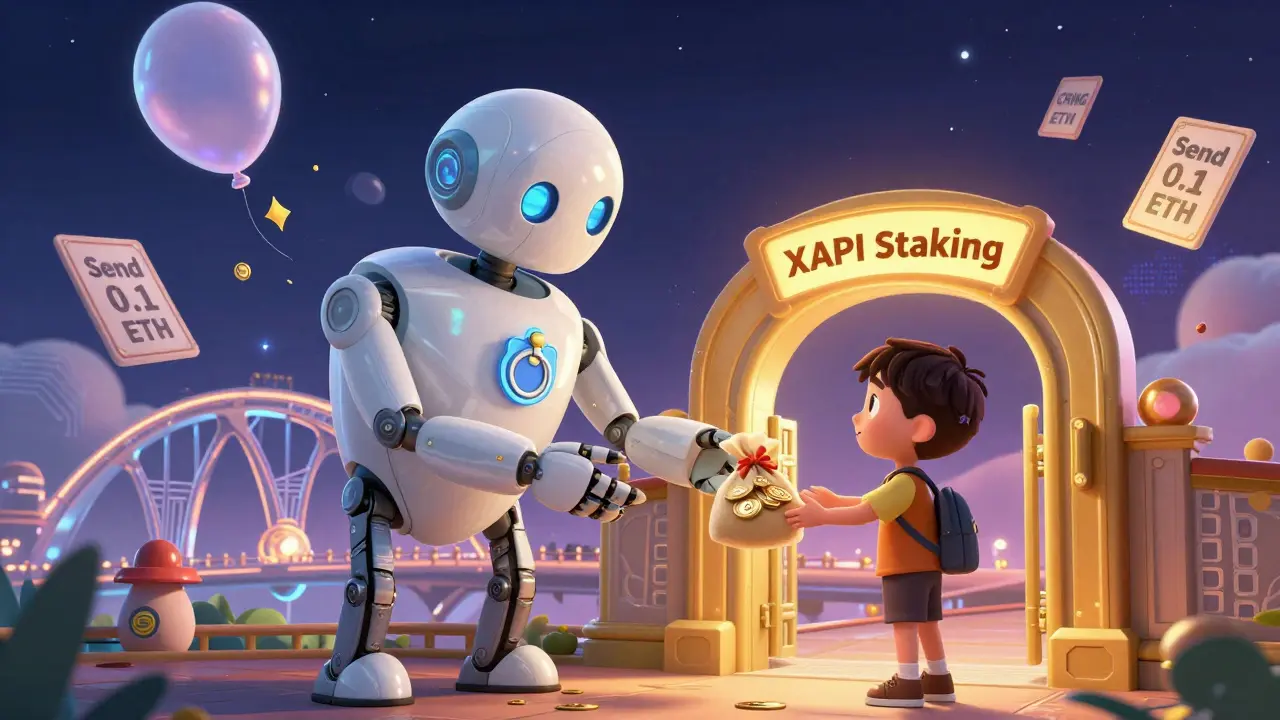 A wise robot hands RING tokens to a user at a secure staking gate, while fake airdrop balloons pop nearby.