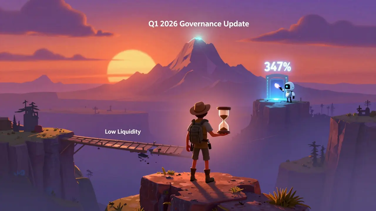 An adventurer on a cliff overlooking the Blast ecosystem, holding a staking hourglass, with a distant IDO portal glowing ahead.