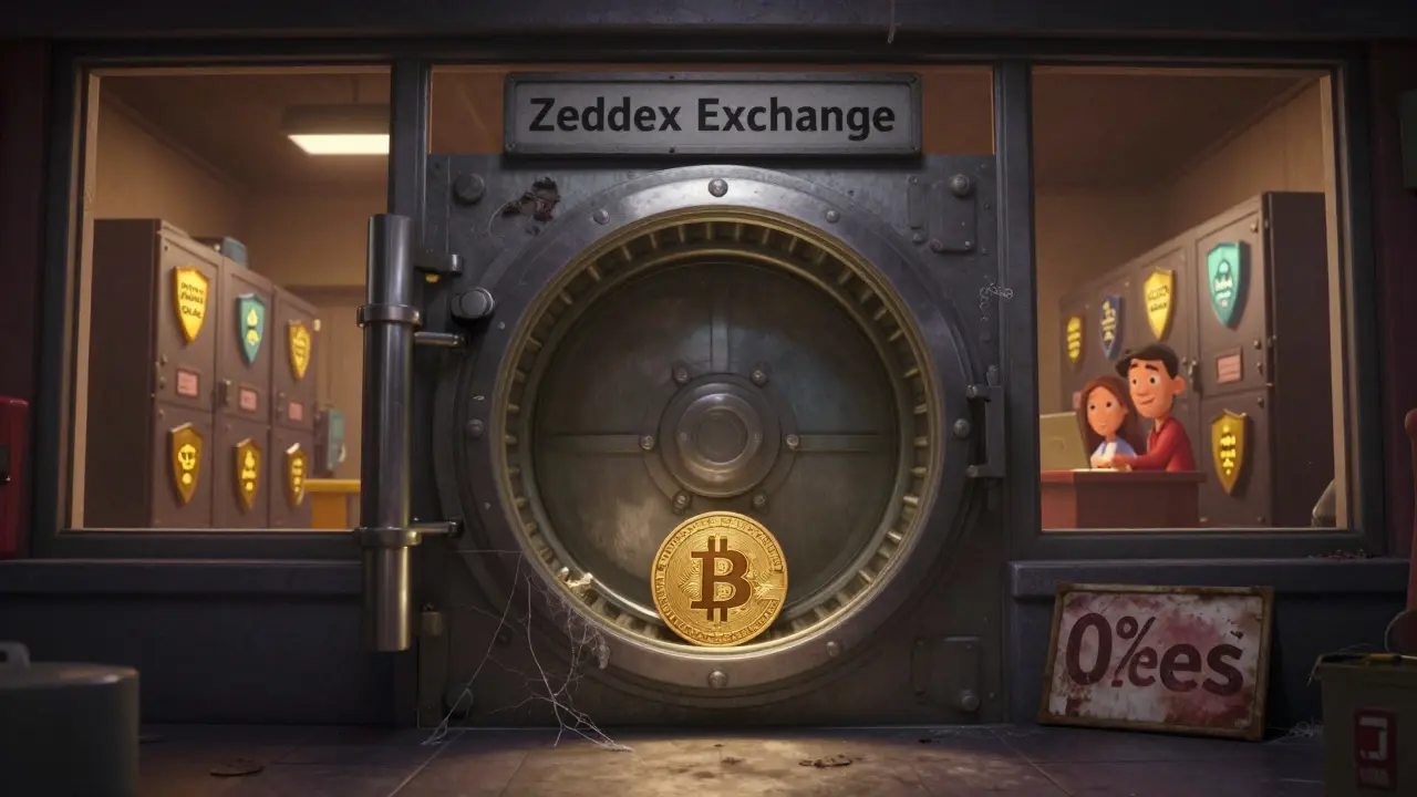 An empty vault labeled Zeddex with a single Bitcoin trapped inside, surrounded by cobwebs and fading signs.