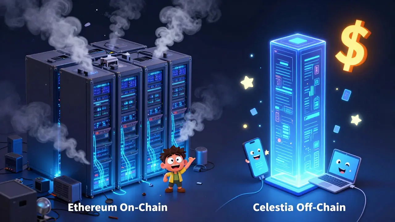 Comparison of a massive overheating Ethereum data center vs. a sleek Celestia tower with smiling devices.