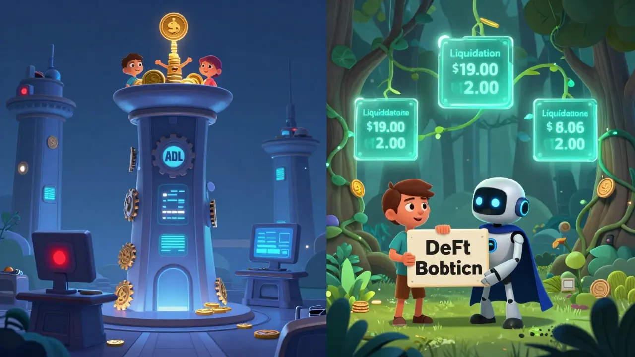 Contrasting scenes: centralized exchange siphoning profits vs. transparent DeFi blockchain forest with liquidator robot.