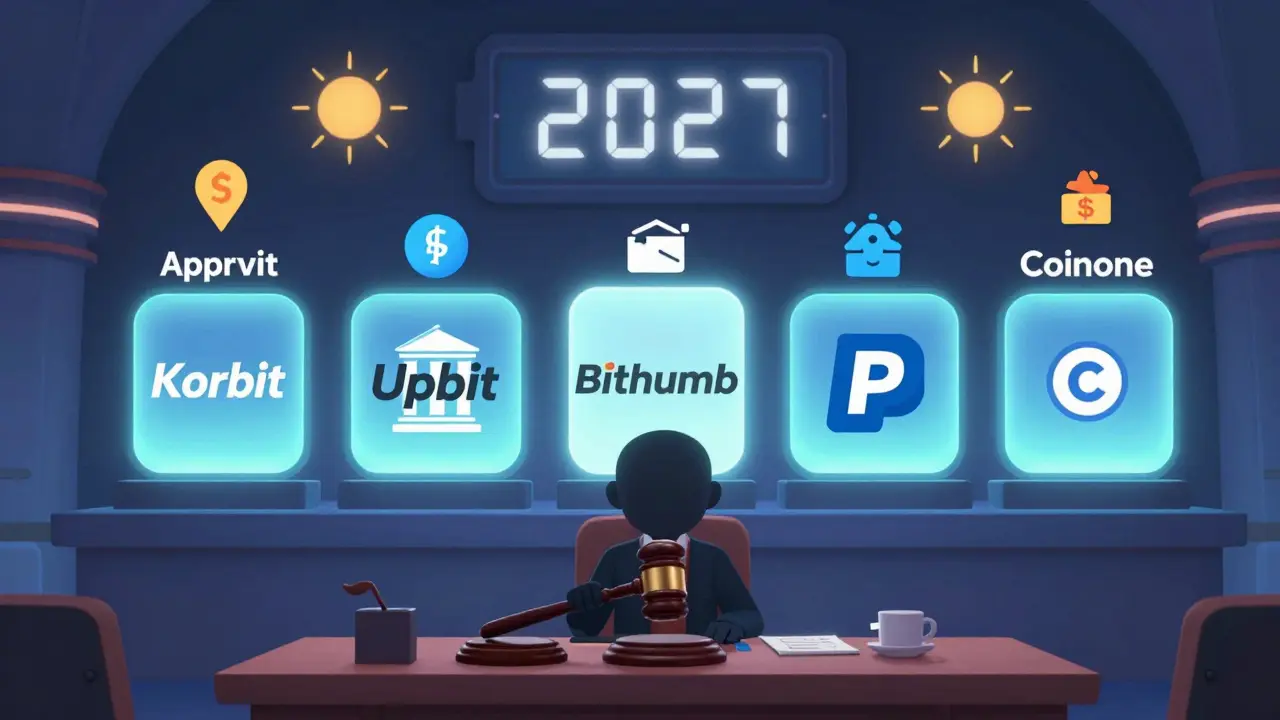 Courtroom scene with illegal crypto deposit attempt blocked by approved Korean exchanges and 2027 tax clock.