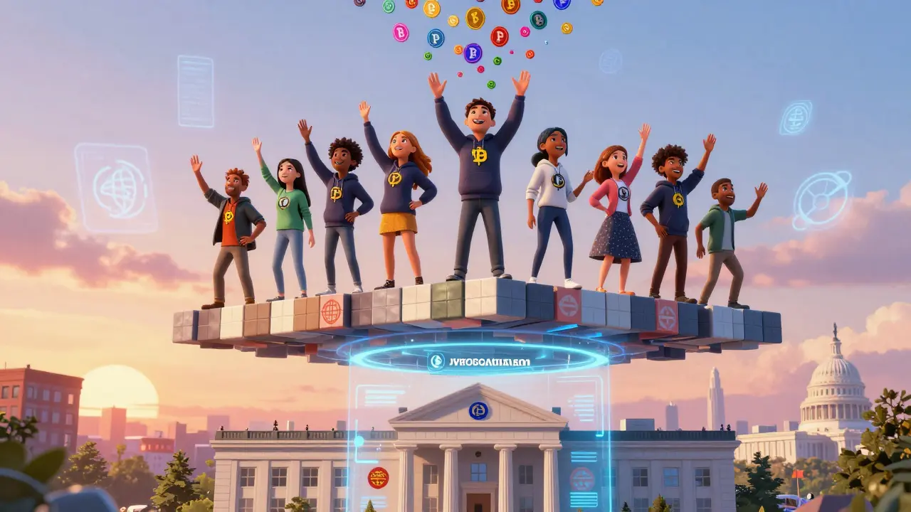 Developers releasing airdrop tokens above a bank offering crypto custody, with blockchain blocks as a platform under a sunset.