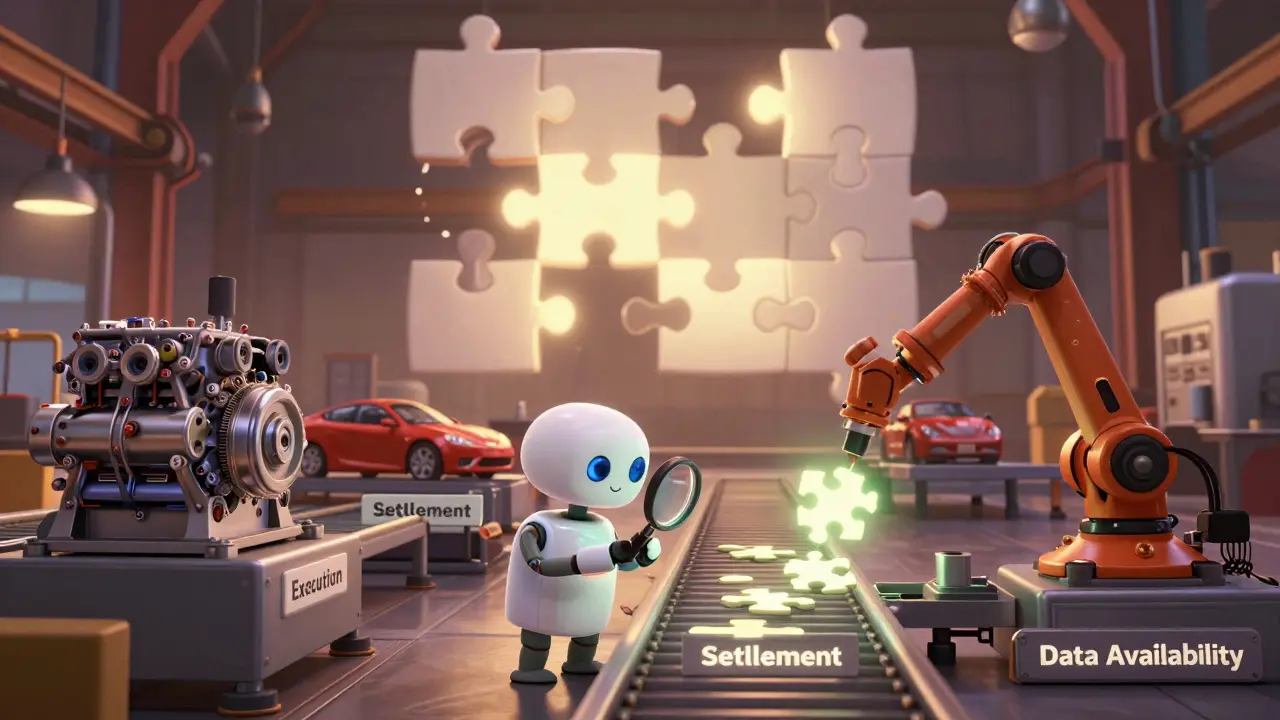 Factory assembly line with robotic arms placing glowing puzzle pieces for Data Availability, watched by a light client robot.