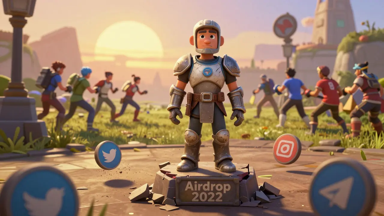 Faded airdrop token pedestal dissolving as new players battle under a sunrise in Pixar-style art.