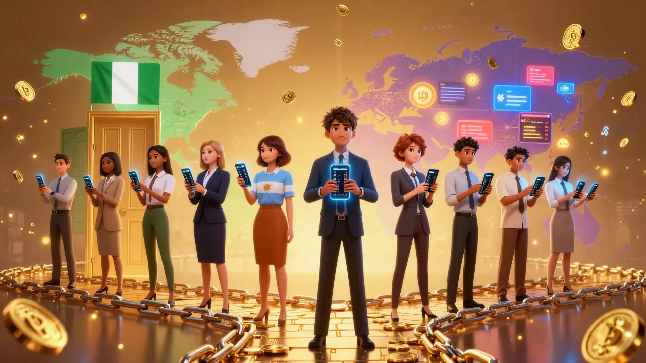 Global traders on a blockchain bridge connecting closed banks to vibrant crypto exchanges.