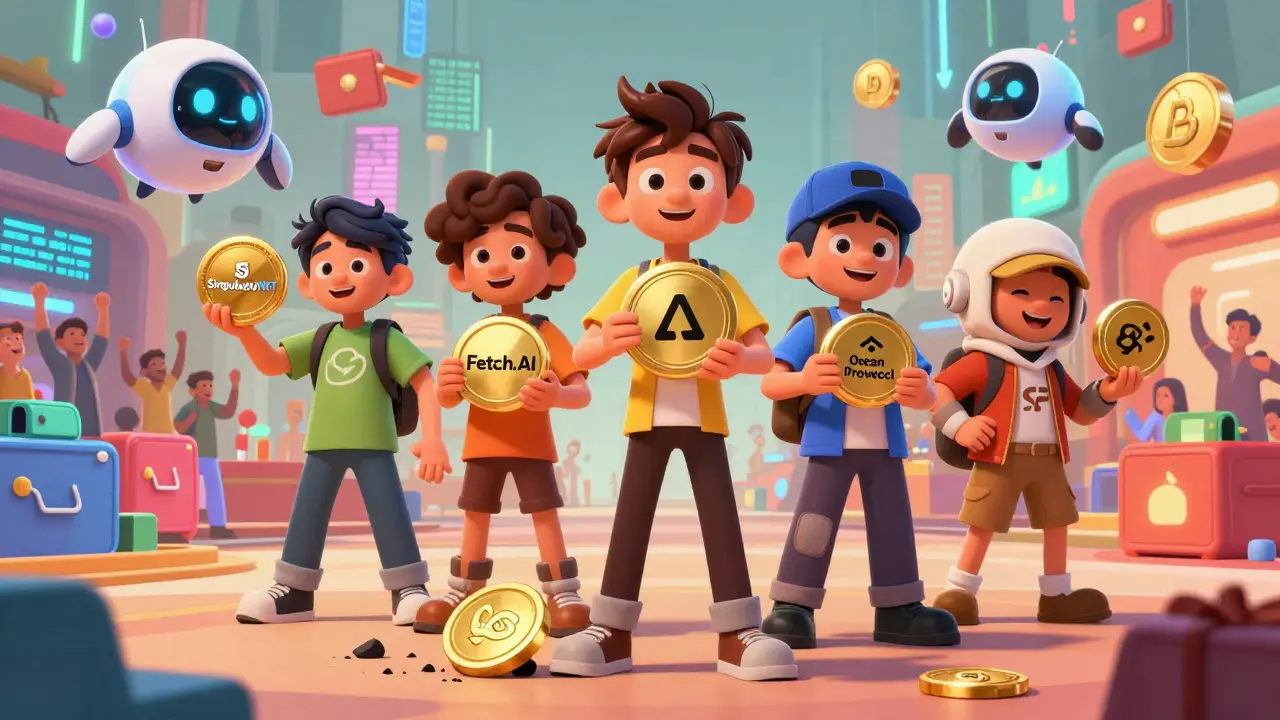 Happy crypto explorers with real AI projects on a vibrant digital marketplace.