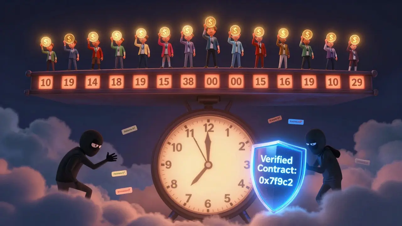 Heroic participants on a floating leaderboard receiving $CBSN tokens, with a scammer blocked by a verified contract shield.