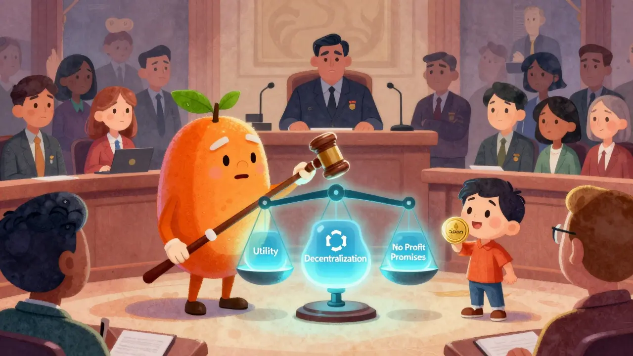 Howey Test replaced by a three-part digital scale for crypto regulation, with hopeful crowd and fading state regulators.