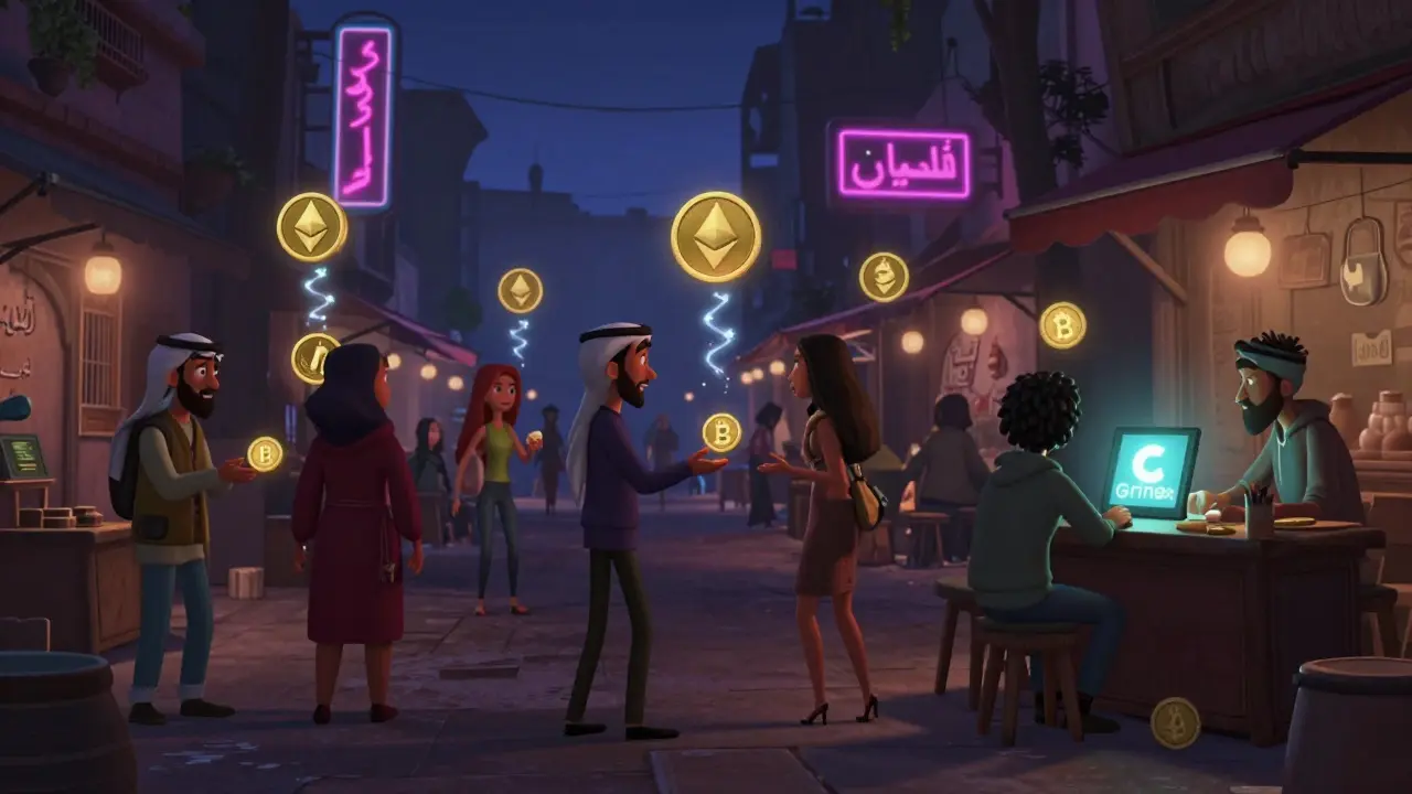 Iranians trade Bitcoin in a marketplace, with hidden crypto tokens and a secret exchange visible on a tablet.