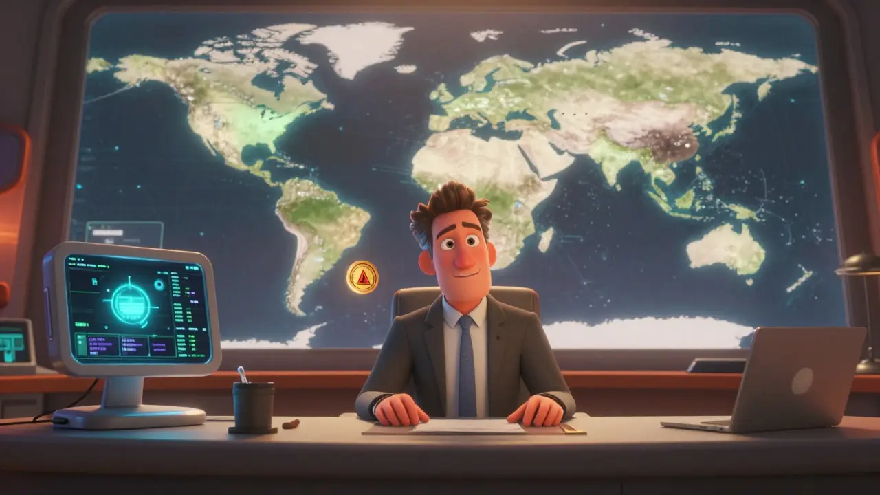 Kraken’s CEO oversees global licenses and compliance AI, with tokenized assets floating nearby.