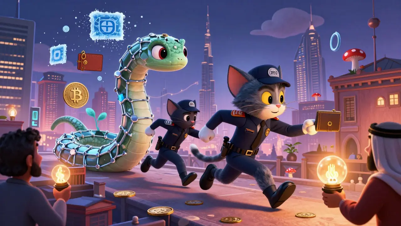 OFAC agents chase a blockchain serpent through global cities as new crypto tokens grow like mushrooms.