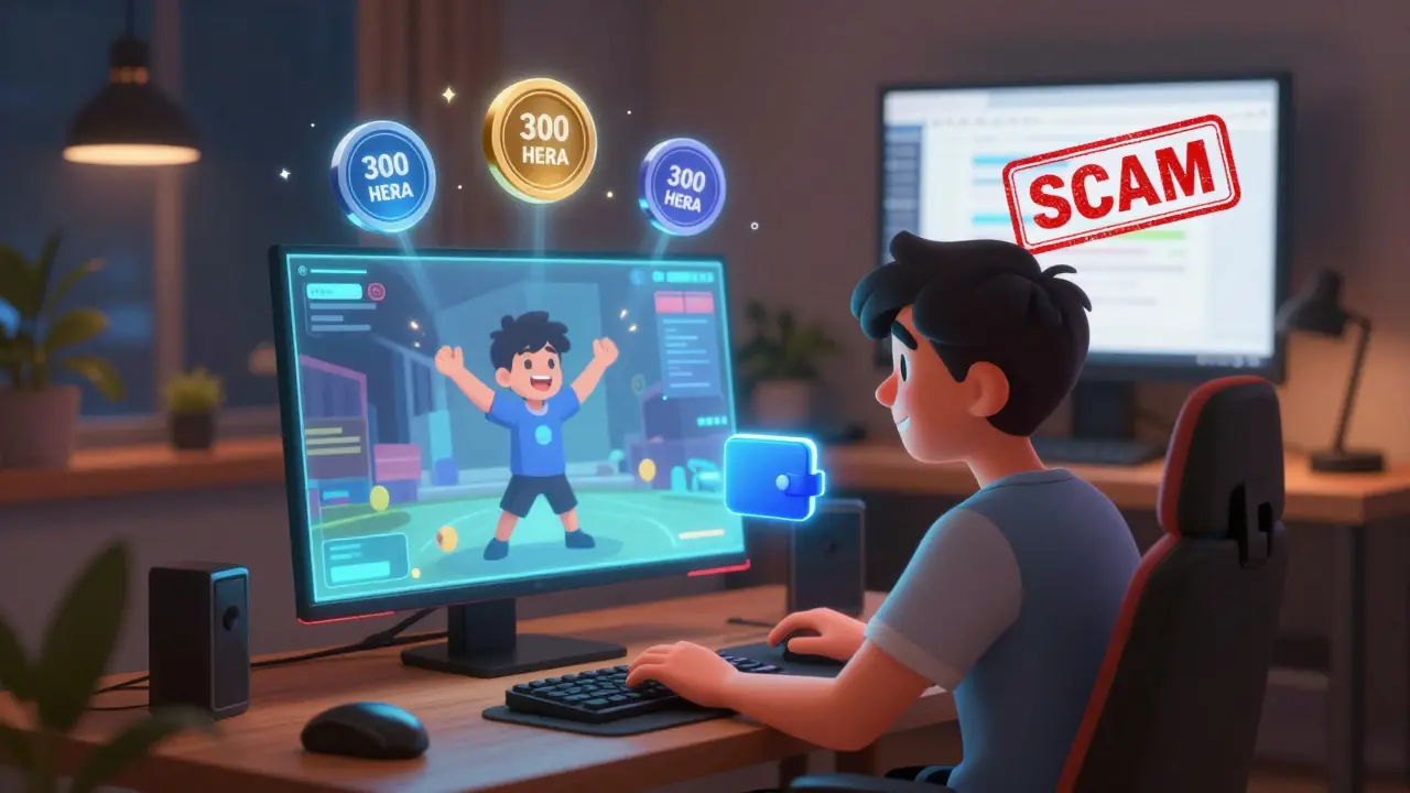 Player smiling at a holographic game screen with old airdrop tokens and a scam website in the background.