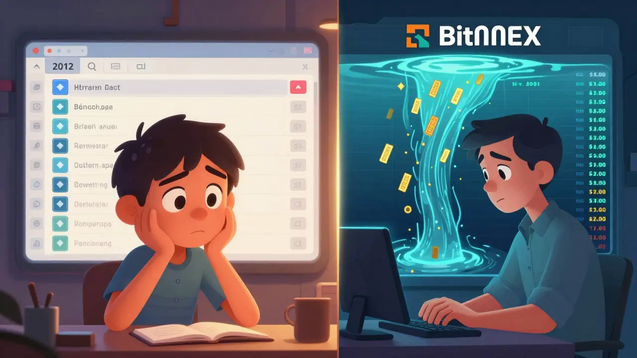 Split-screen: confused beginner vs skilled trader using BitMEX, showing stark contrast in interface complexity and liquidity depth.
