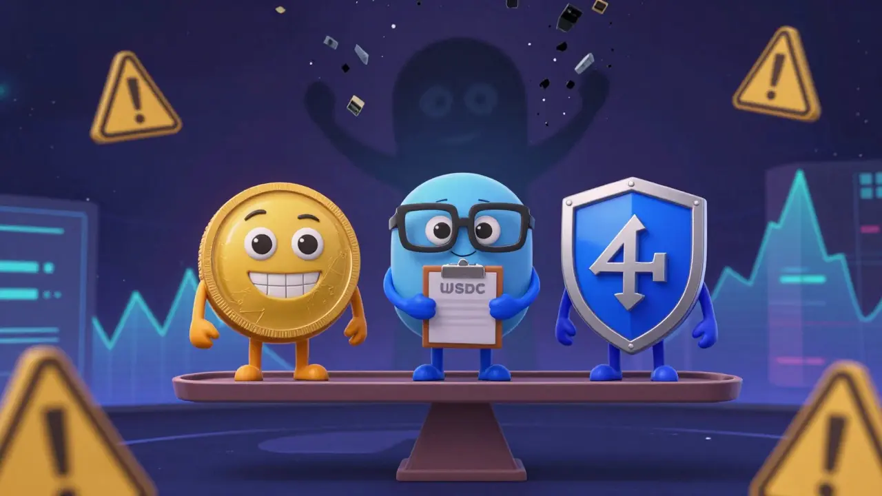 Three friendly stablecoins on a scale, with a crumbling algorithmic coin in the background.