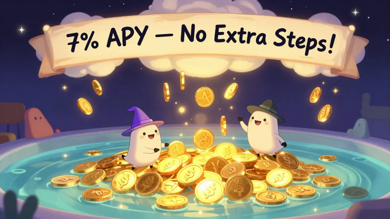 Tokens in a shimmering pool with tiny sprites boosting yield by lending to Lido and Aave, raining golden coins.