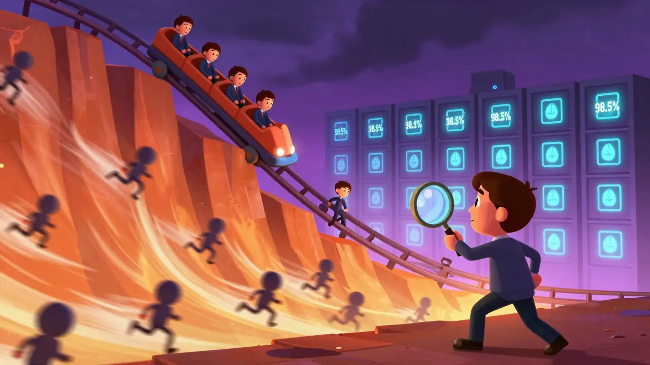 Traders swept away by liquidation waves during a Bitcoin crash, while one trader calmly sets a stop-loss near a secure server room.