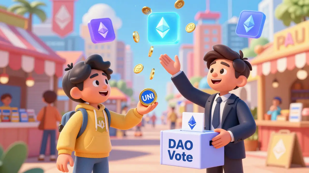 Users trading voting rights in a colorful digital marketplace with PAL tokens falling like currency.