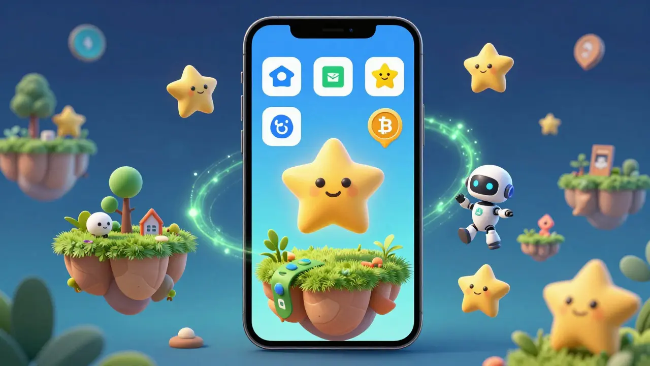 Whimsical FONE tokens and NFTs moving between game characters and eco-tasks inside a glowing smartphone ecosystem.