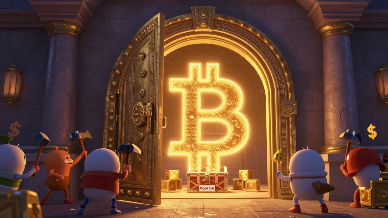 A Bitcoin-shaped vault door slowly opening after 10 minutes, guarded by glowing security patterns and stacked blocks.